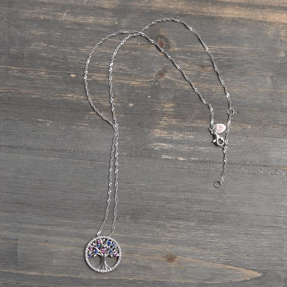 Sterling Silver Life Tree Birthstone Necklace Pink Blue CZ September October